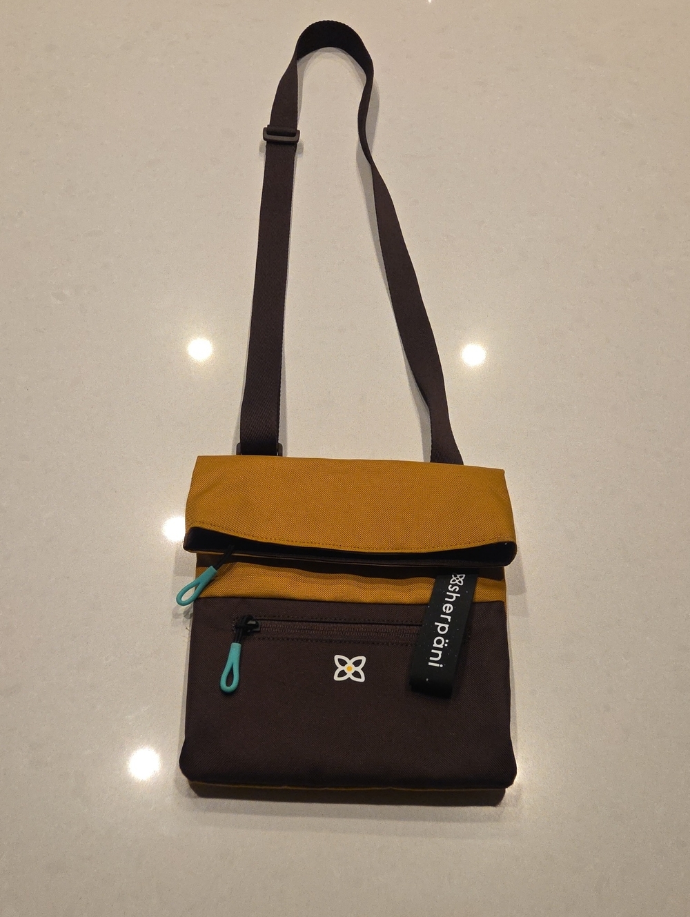 Sherpani Pica mustard and dark brown crossbody bag